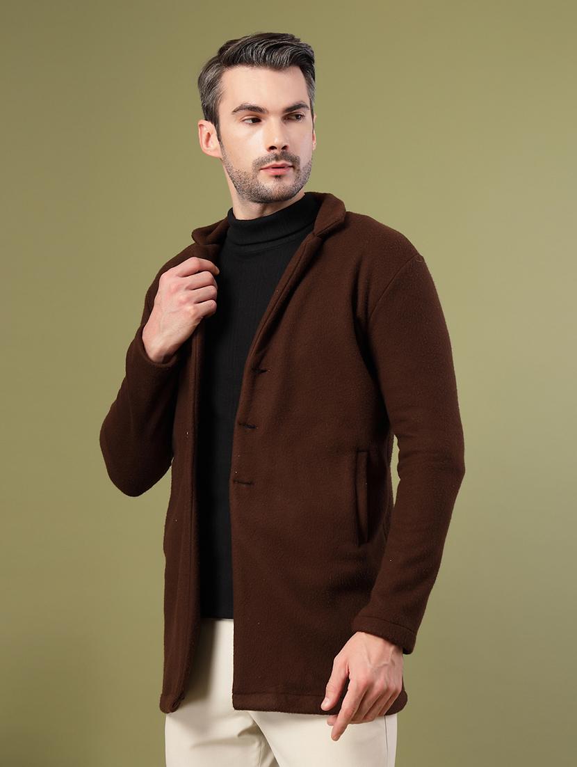 men coffee brown solid long sleeve coat - 21670167 -  Standard Image - 1