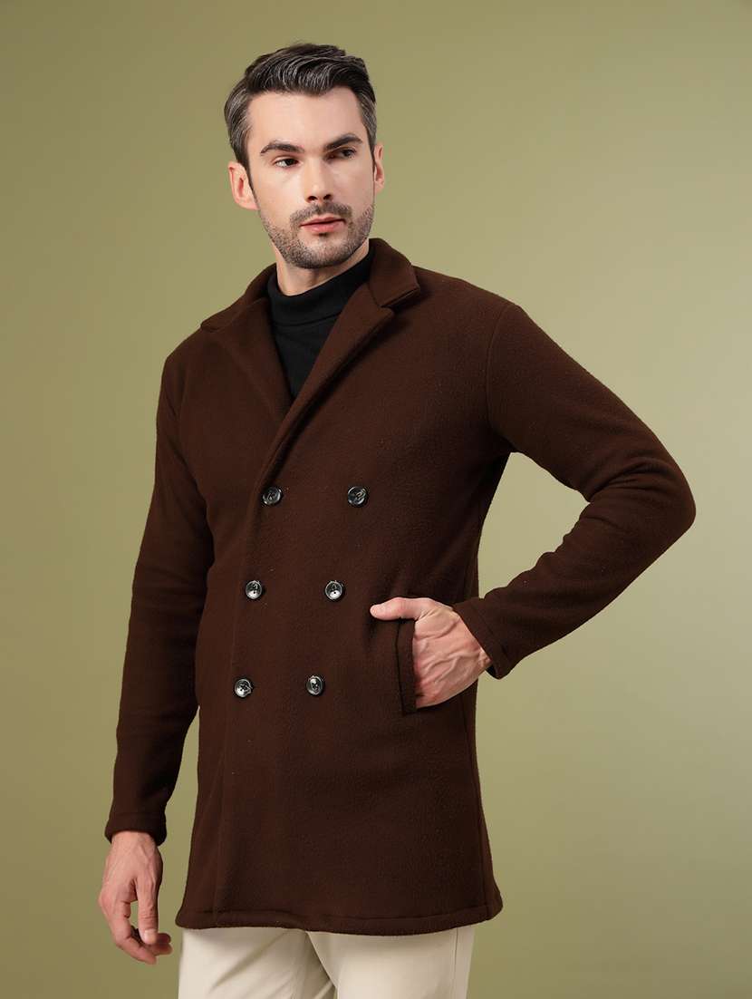 men brown solid long sleeve coat - 21670169 -  Standard Image - 1