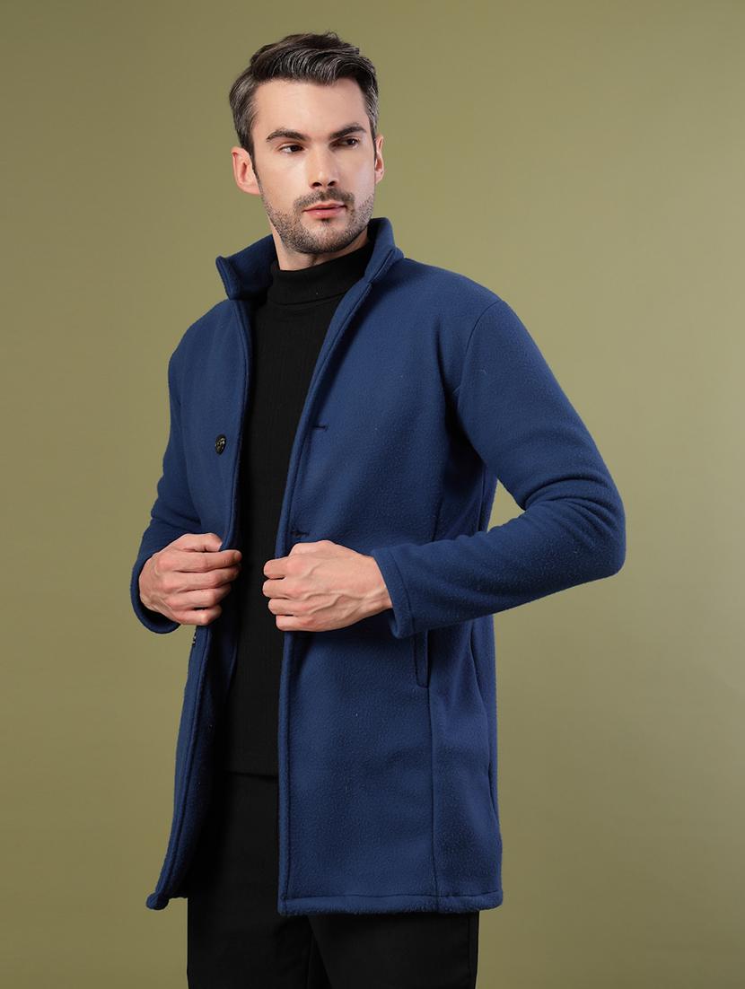men blue solid long sleeve coat - 21670172 - Standard Image - 1