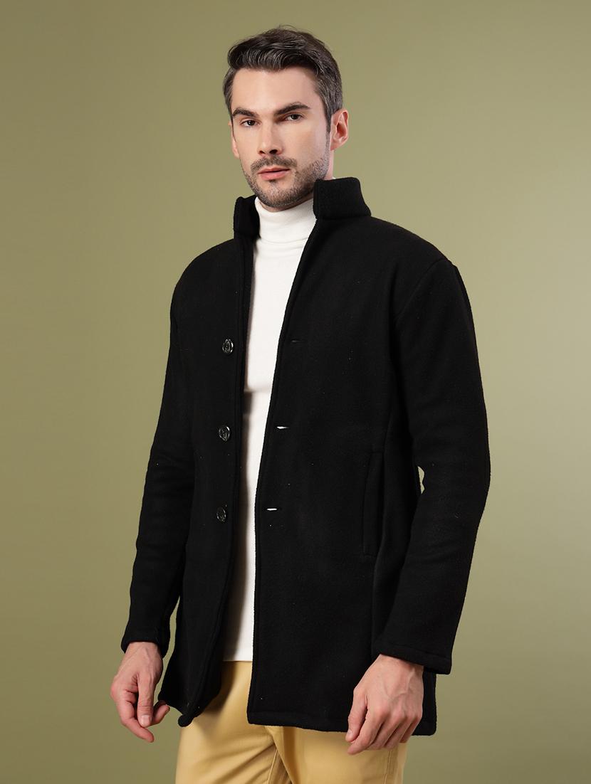 men black solid long sleeve coat - 21670173 - Standard Image - 1