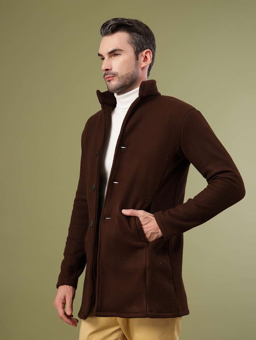 men brown solid long sleeve coat - 21670174 - Standard Image - 1