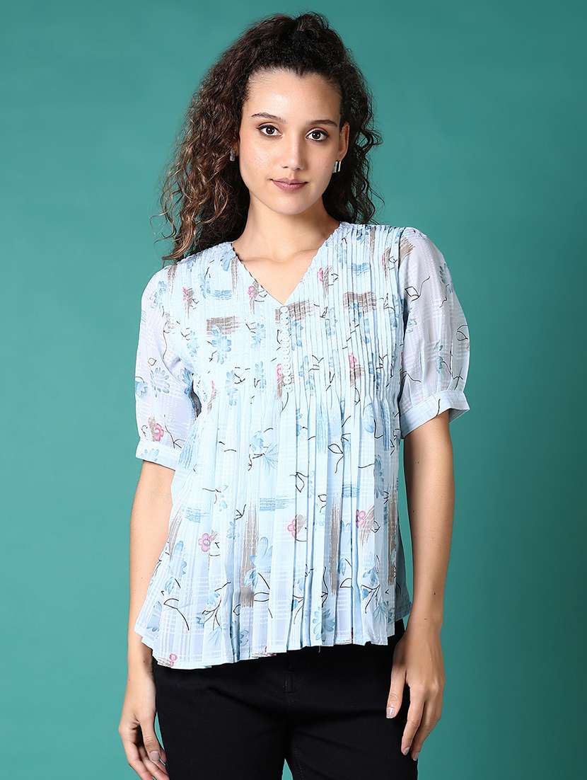 women light blue printed puff sleeve top