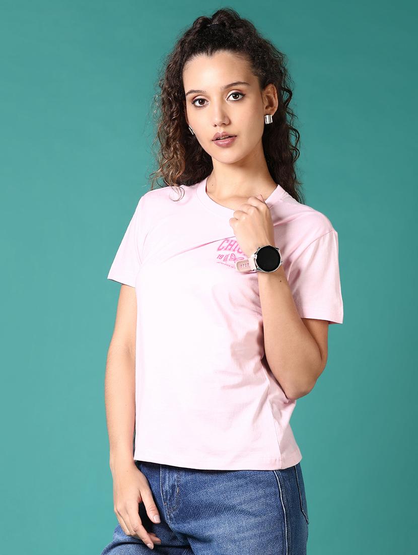 women pink typography print round neck t-shirt - 21670314 - Standard Image - 1