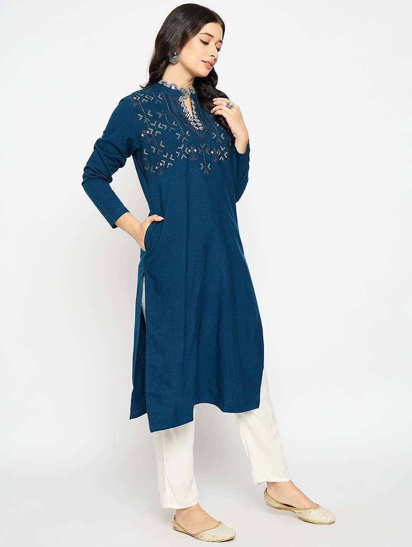 blue acrylic blend woolen kurta - 21670952 -  Standard Image - 1
