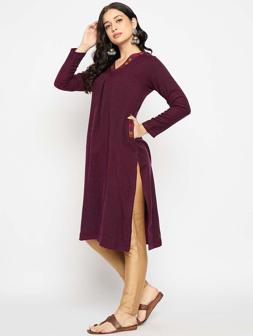 maroon acrylic blend woolen kurta - 21670956 -  Standard Image - 1