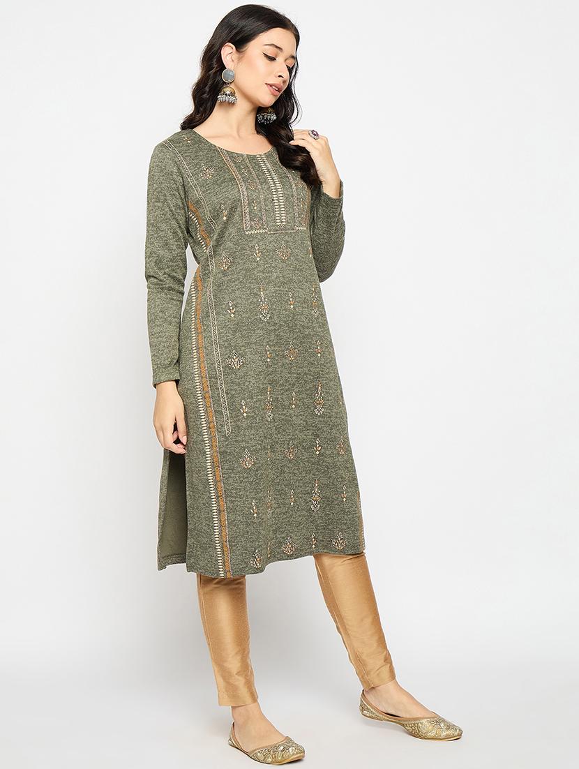 olive acrylic blend woolen kurta - 21670957 - Standard Image - 1