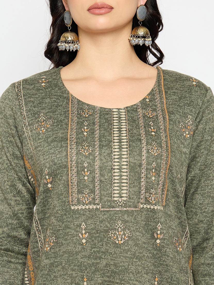 olive acrylic blend woolen kurta - 21670957 - Standard Image - 4