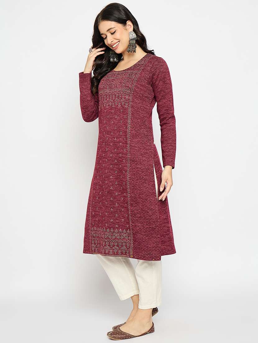 red acrylic blend woolen kurta - 21670958 - Standard Image - 1