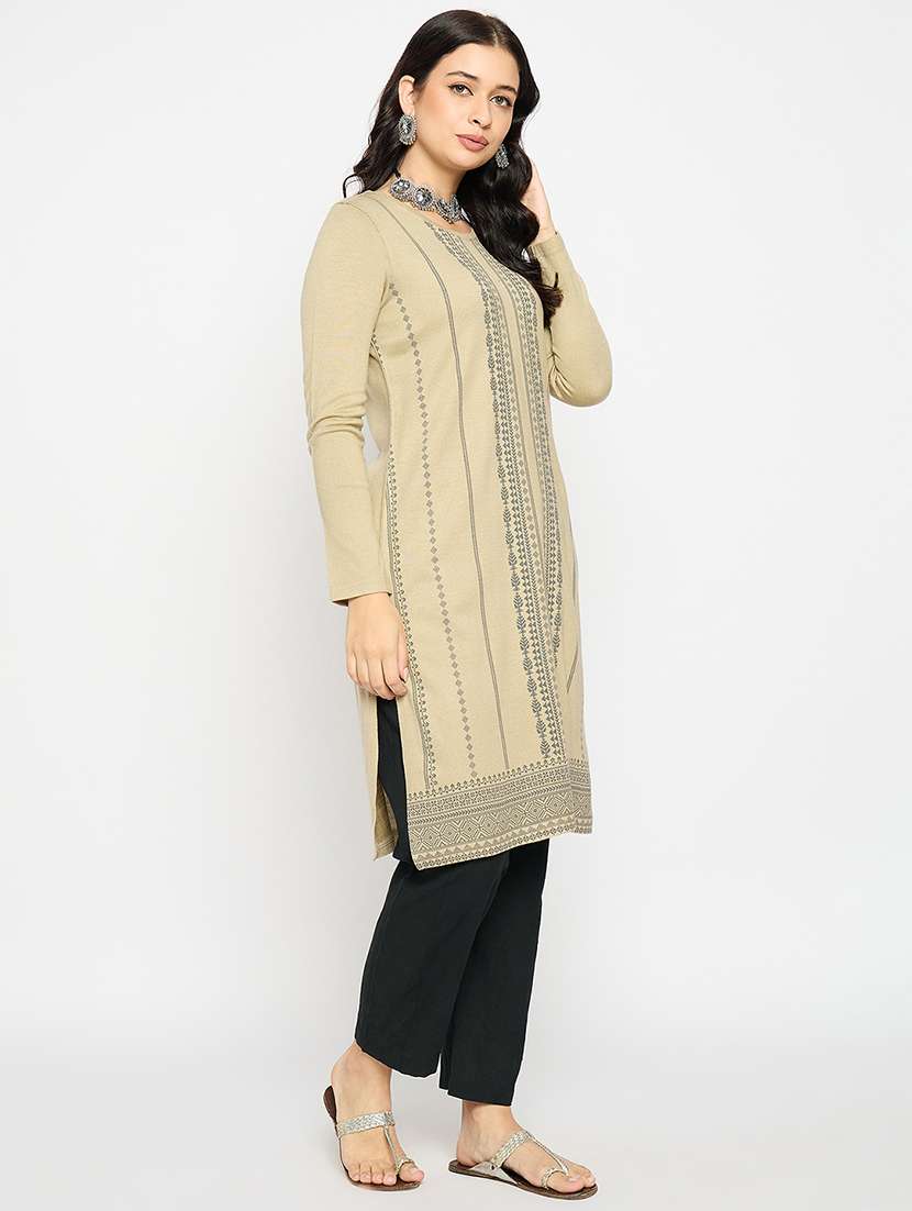 beige acrylic blend woolen kurta - 21670959 -  Standard Image - 1