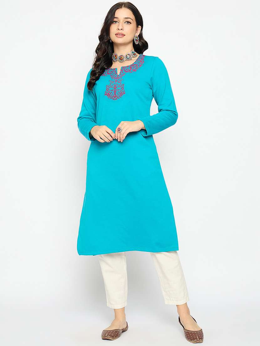women printed woolen long sleeve kurta