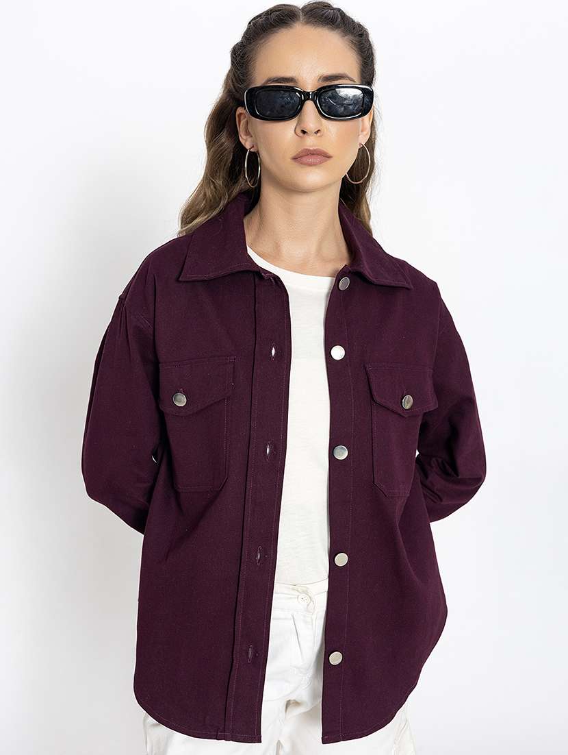 women solid cotton oversized shacket