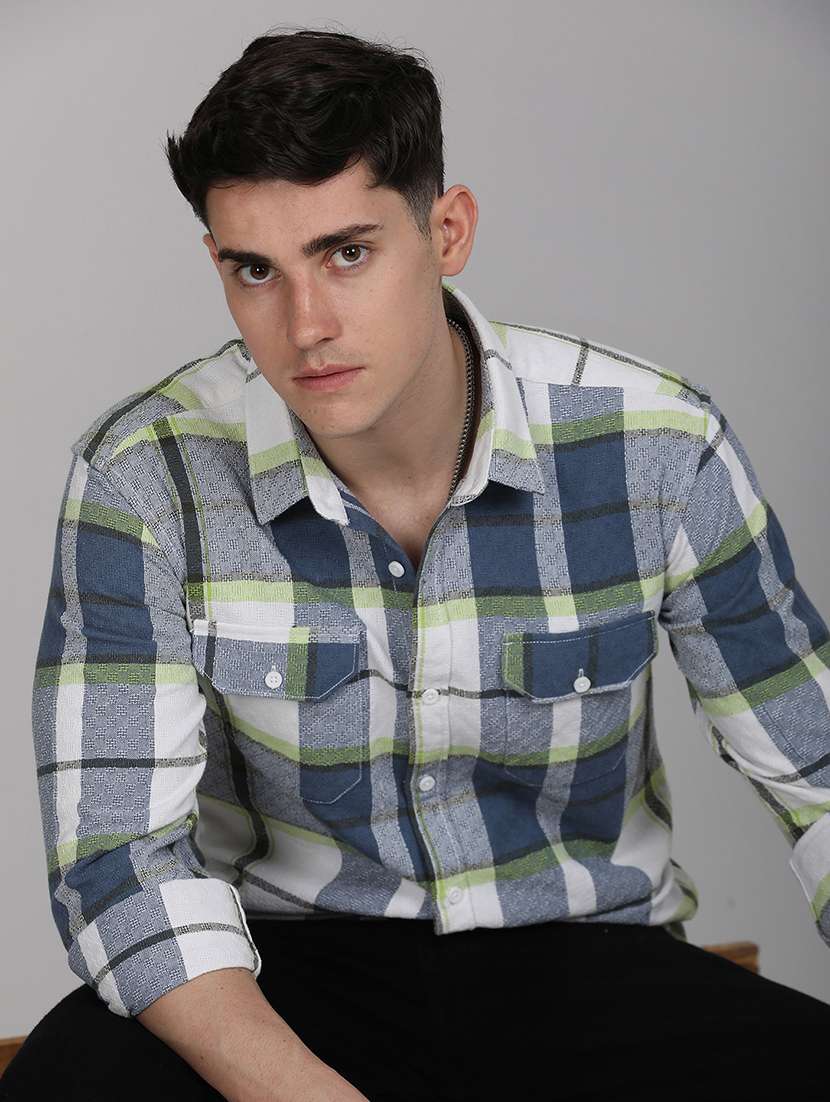 men long sleeves checkered casual shirt - 21671390 -  Standard Image - 1