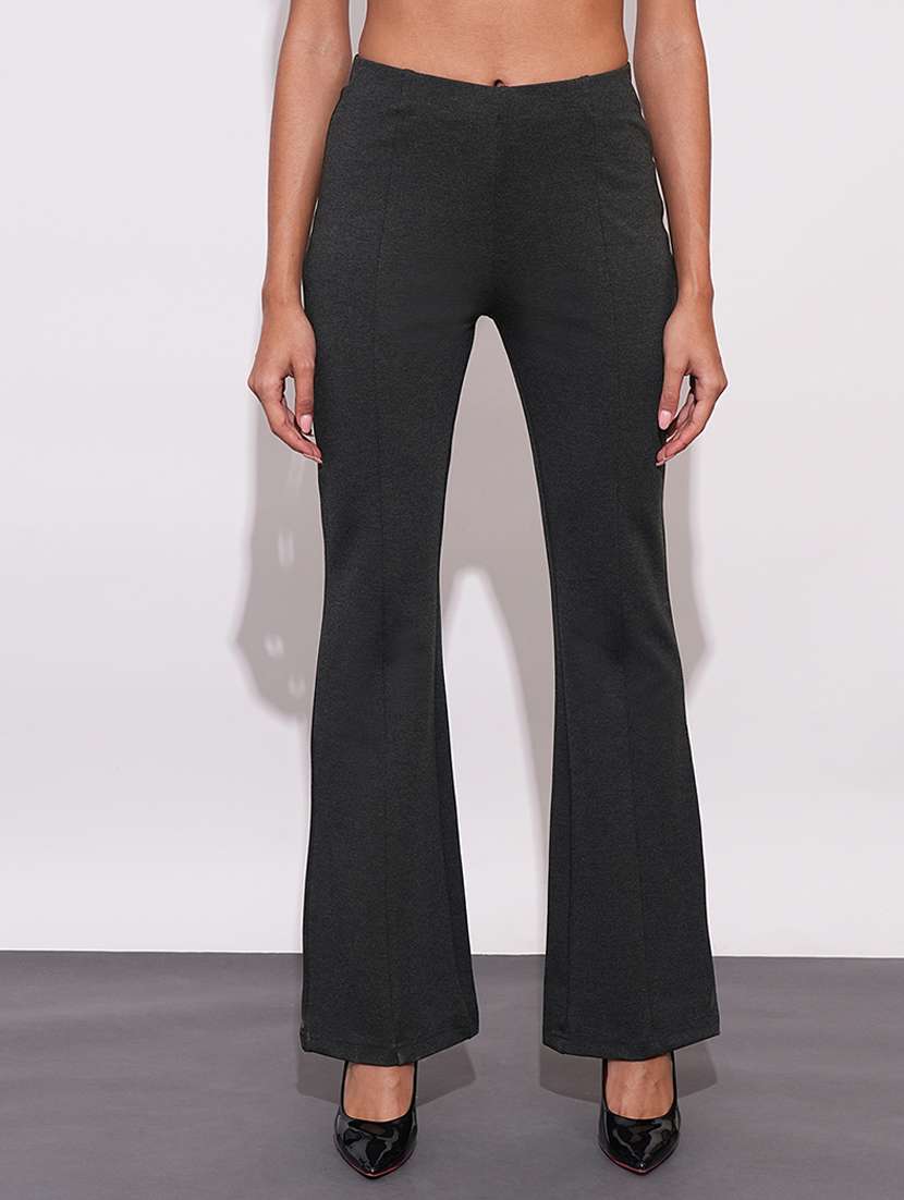 globus women anthra melange stretchable mid-rise workwear bootcut treggings