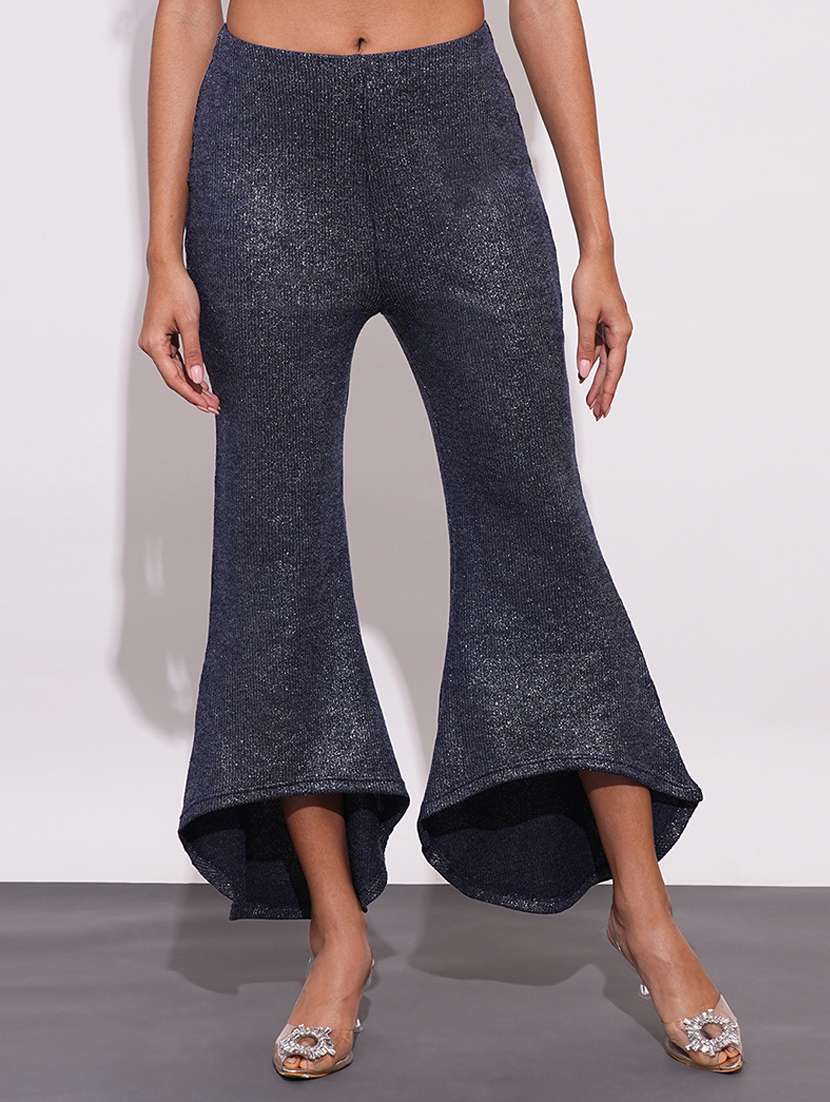 globus women blue sheen self design mid-rise relaxed fit bootcut party treggings