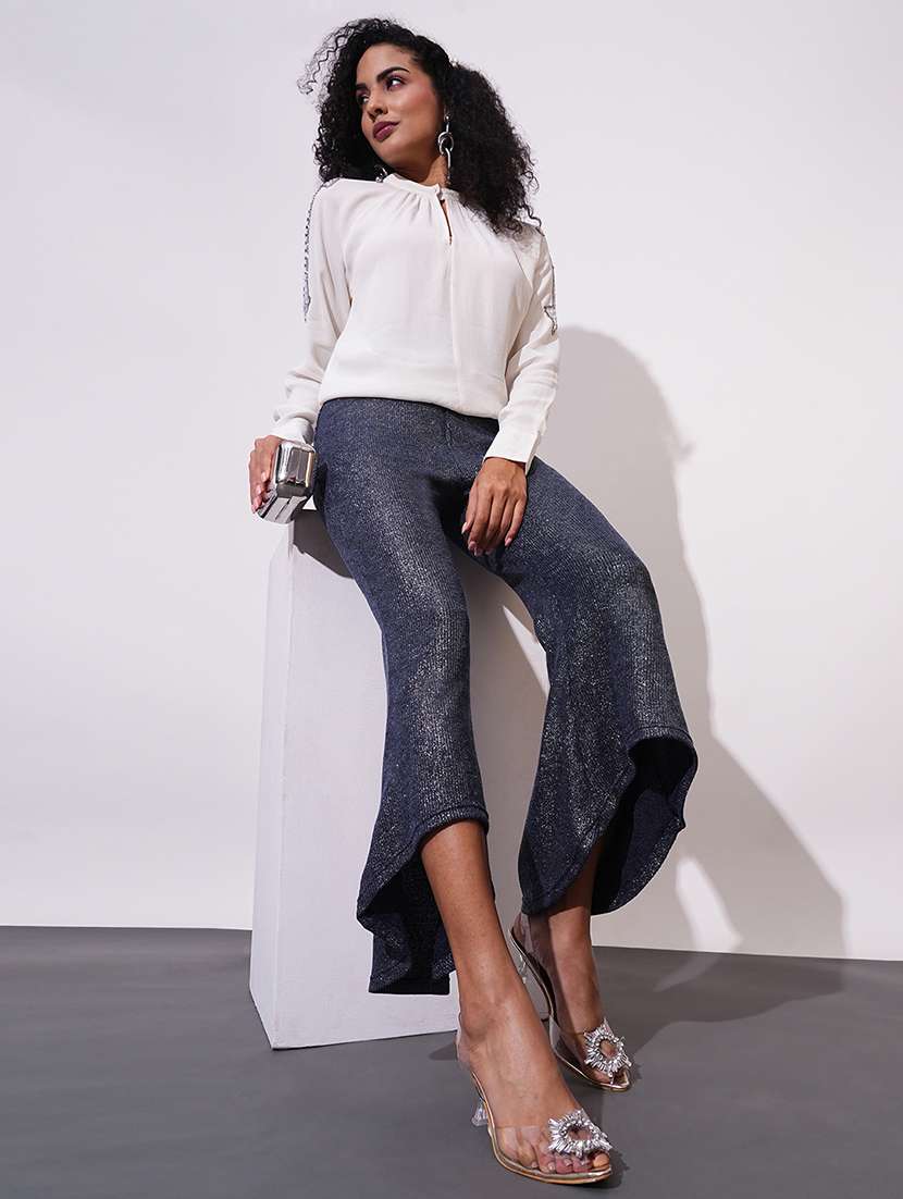 globus women blue sheen self design mid-rise relaxed fit bootcut party treggings - 21671747 -  Standard Image - 4