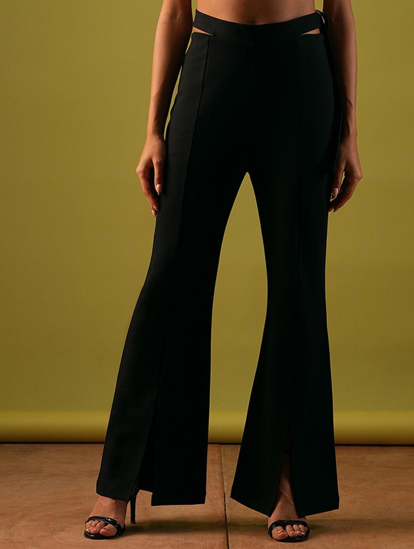 globus women black stretchable high-rise cut out detail waist tie-up front slit flared party treggings - 21671752 -  Zoom Image - 0