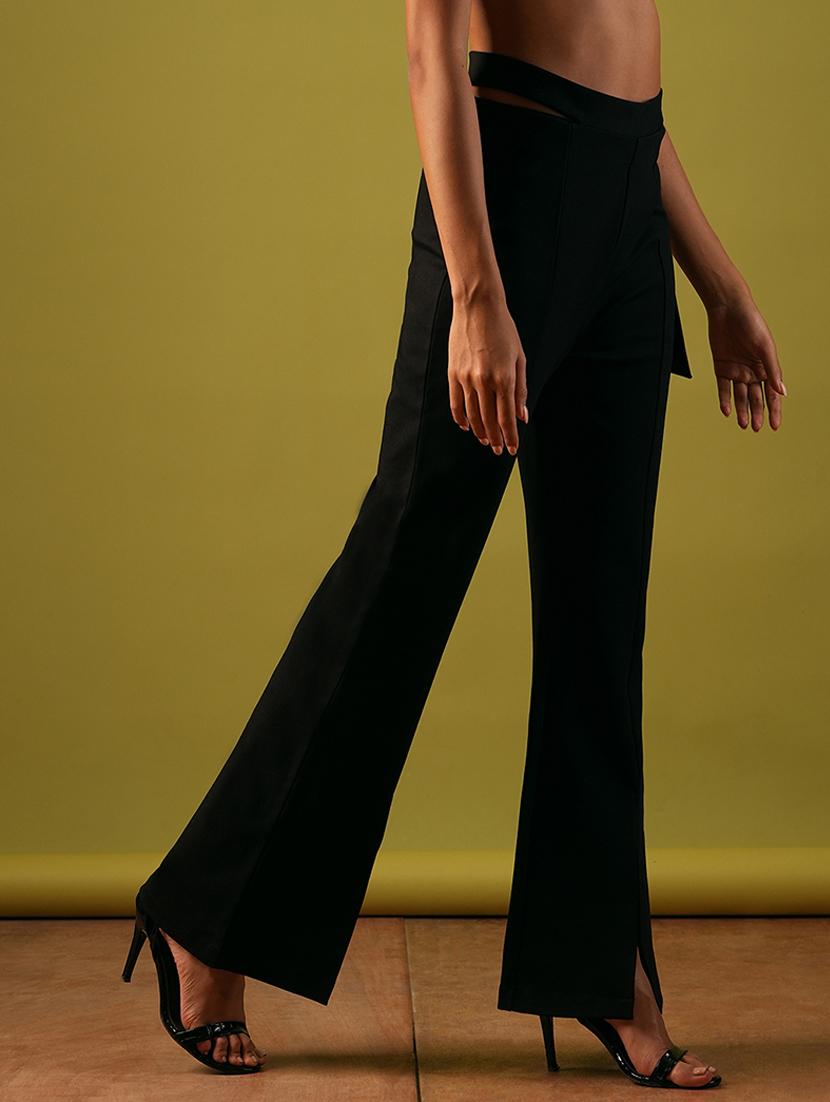 globus women black stretchable high-rise cut out detail waist tie-up front slit flared party treggings - 21671752 -  Standard Image - 1