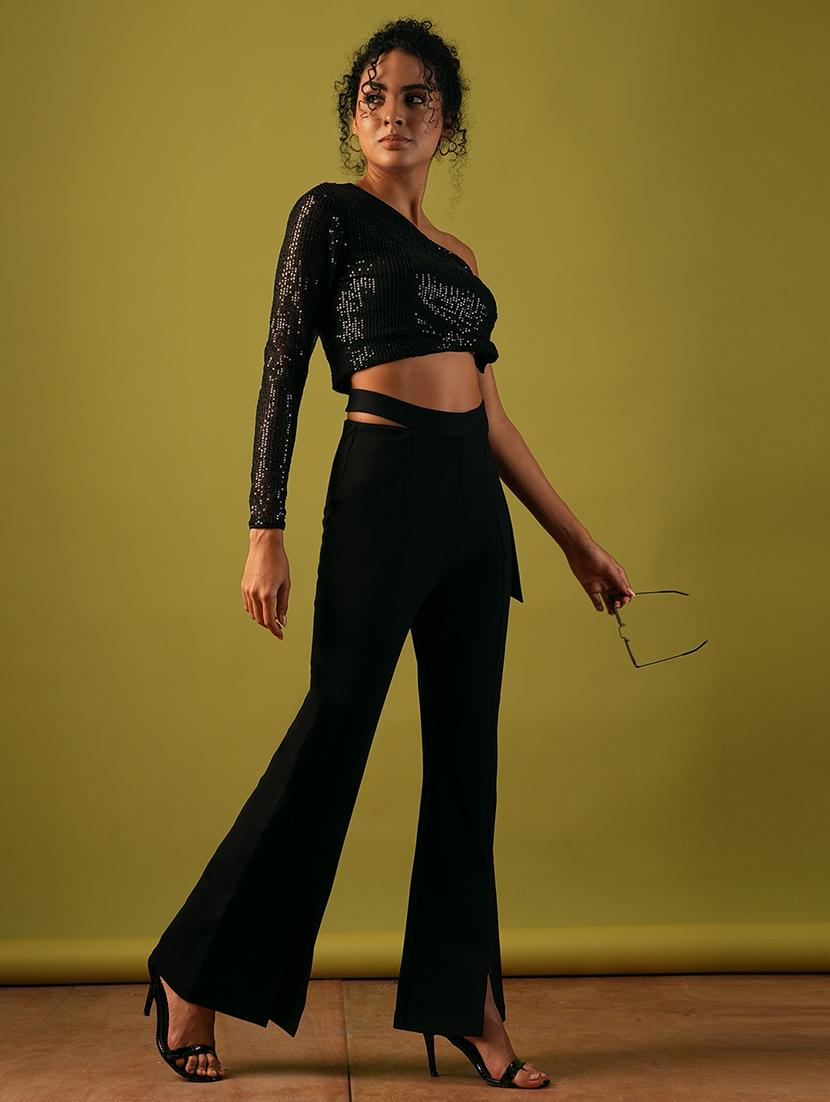 globus women black stretchable high-rise cut out detail waist tie-up front slit flared party treggings - 21671752 - Standard Image - 4