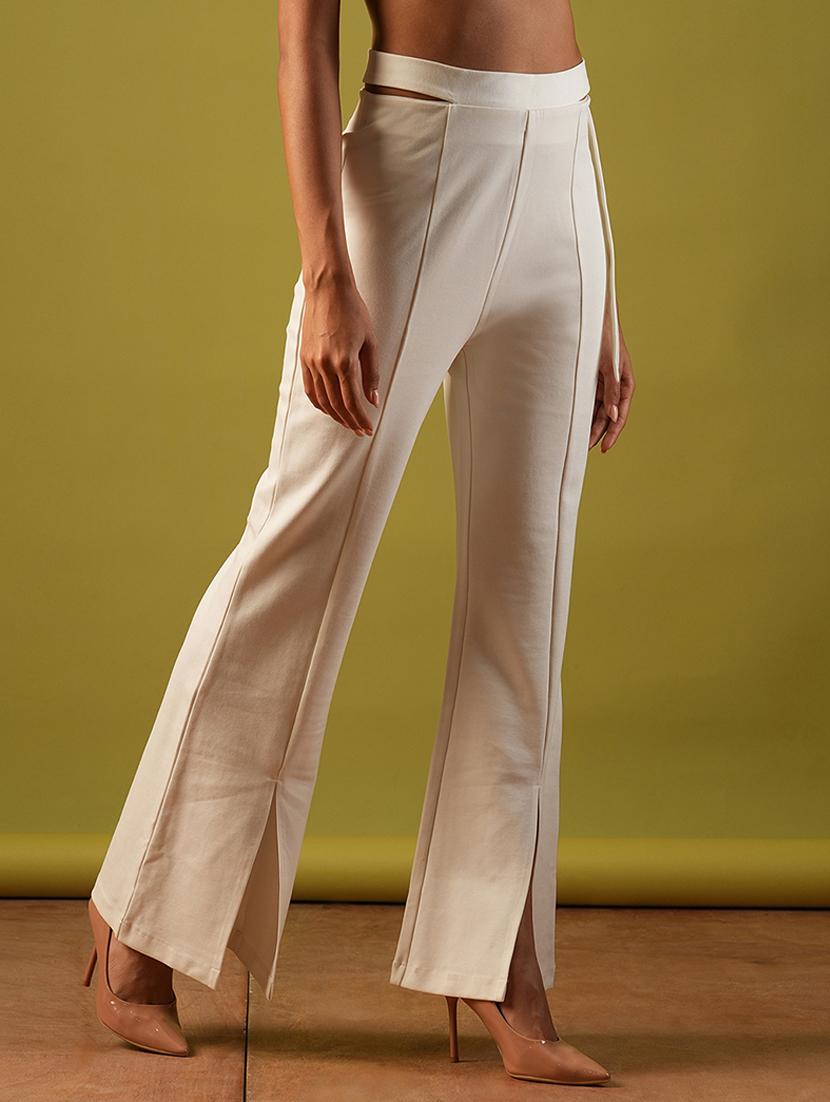 globus women off white stretchable high-rise cut out detail waist tie-up front slit flared party treggings - 21671753 -  Standard Image - 1