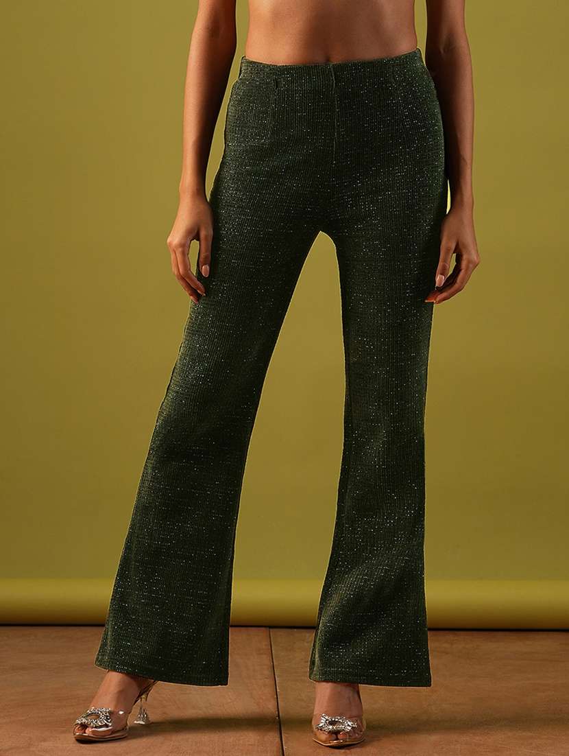 globus women olive mid-rise shiny flared party treggings