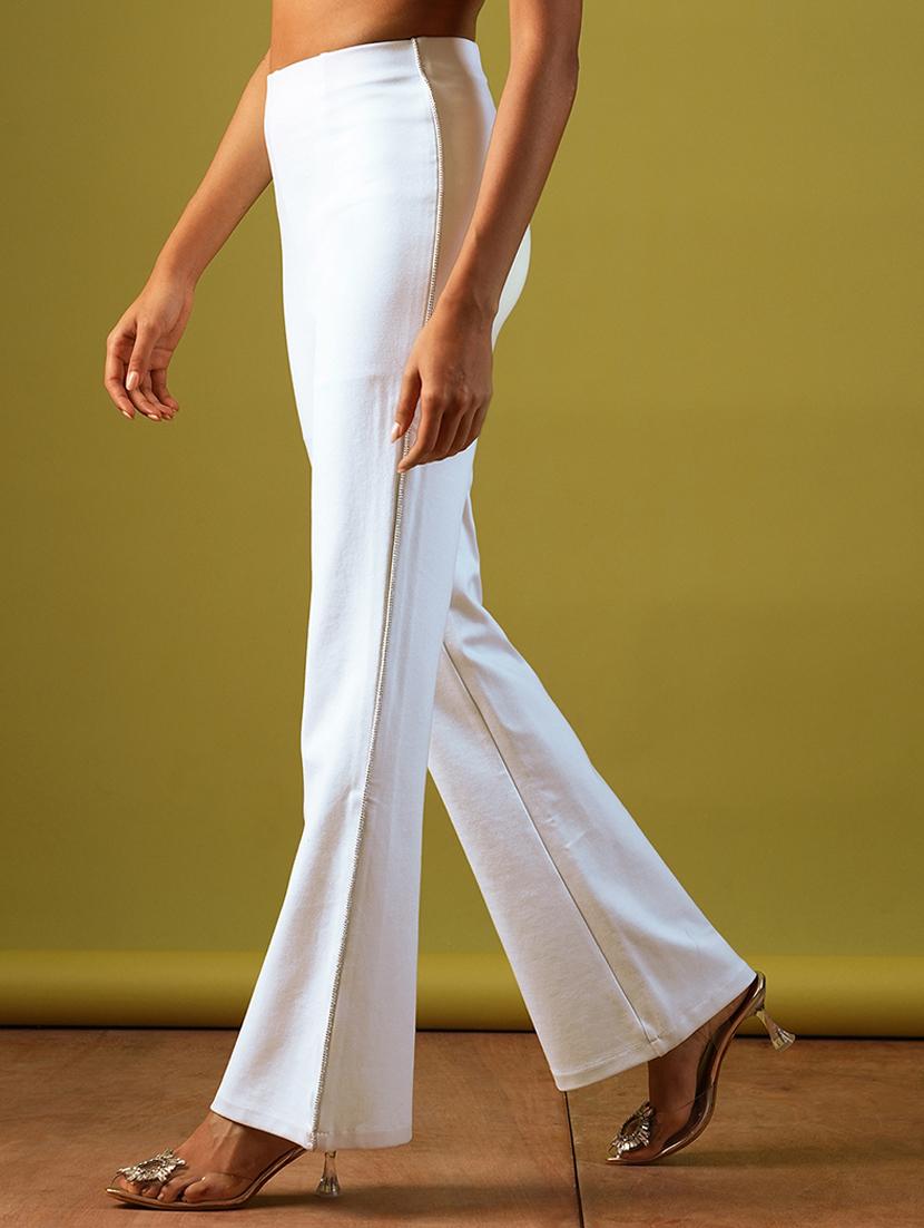 globus women white stretchable high-rise embellished side tape flared party treggings - 21671764 -  Standard Image - 1