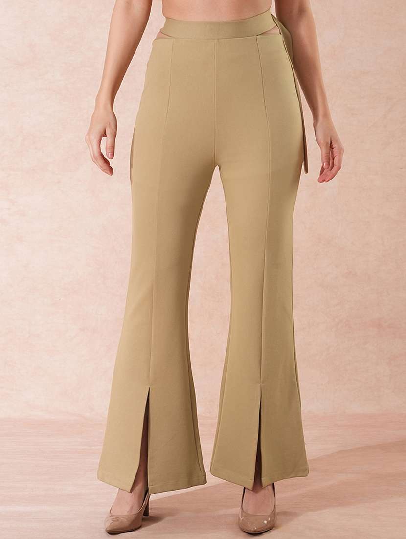 globus women camel stretchable high-rise front slit waist tie-up detail relaxed fit party wear treggings