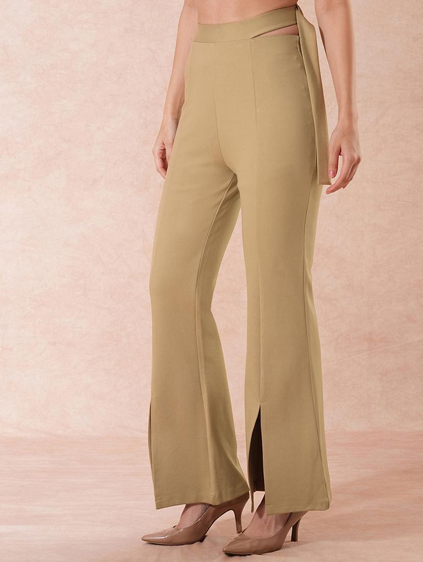 globus women camel stretchable high-rise front slit waist tie-up detail relaxed fit party wear treggings - 21671766 - Standard Image - 1