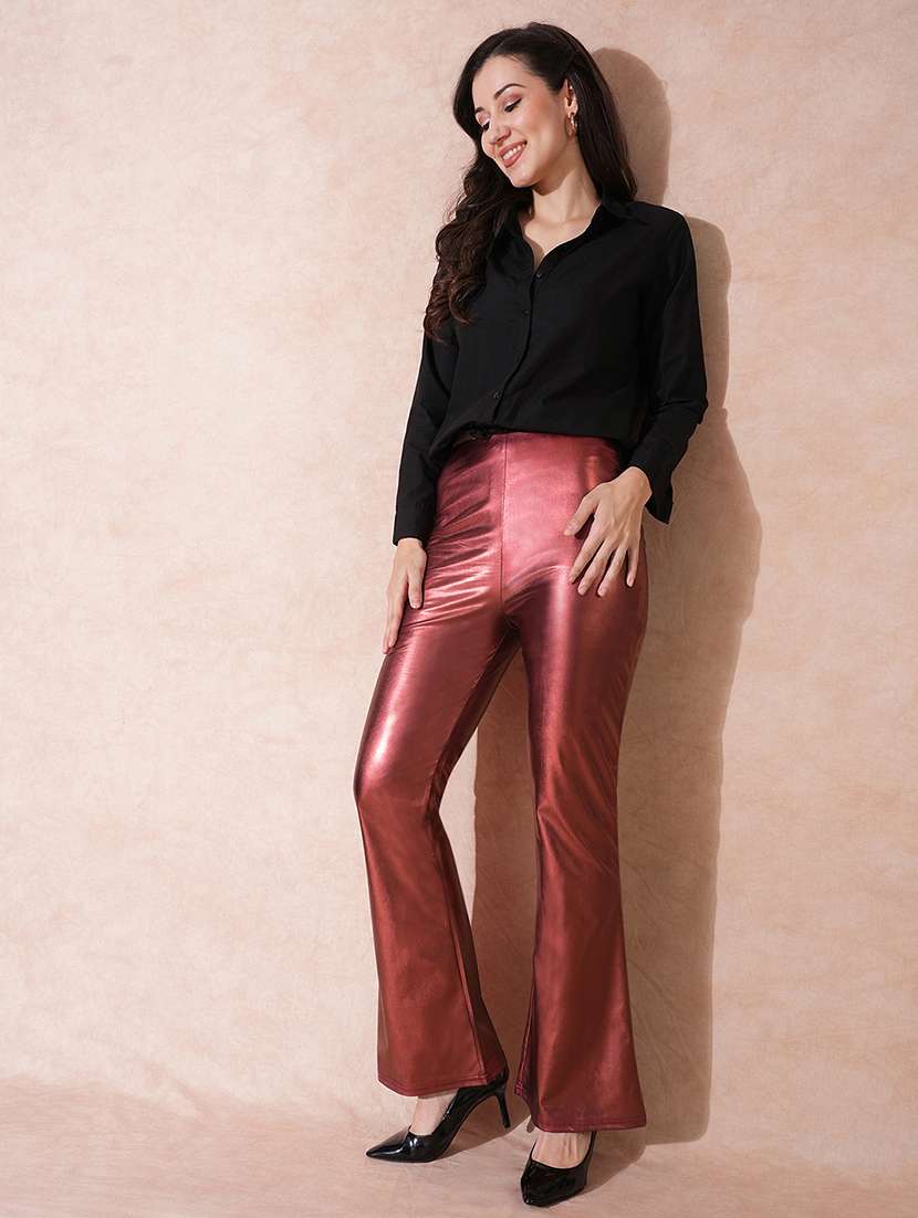 globus women rust stretchable mid-rise sheen flared party treggings - 21671768 -  Standard Image - 4