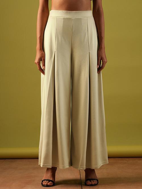 globus women beige solid stretchable high-rise pleated flared wide leg workwear treggings - 21671769 -  Standard Image - 0
