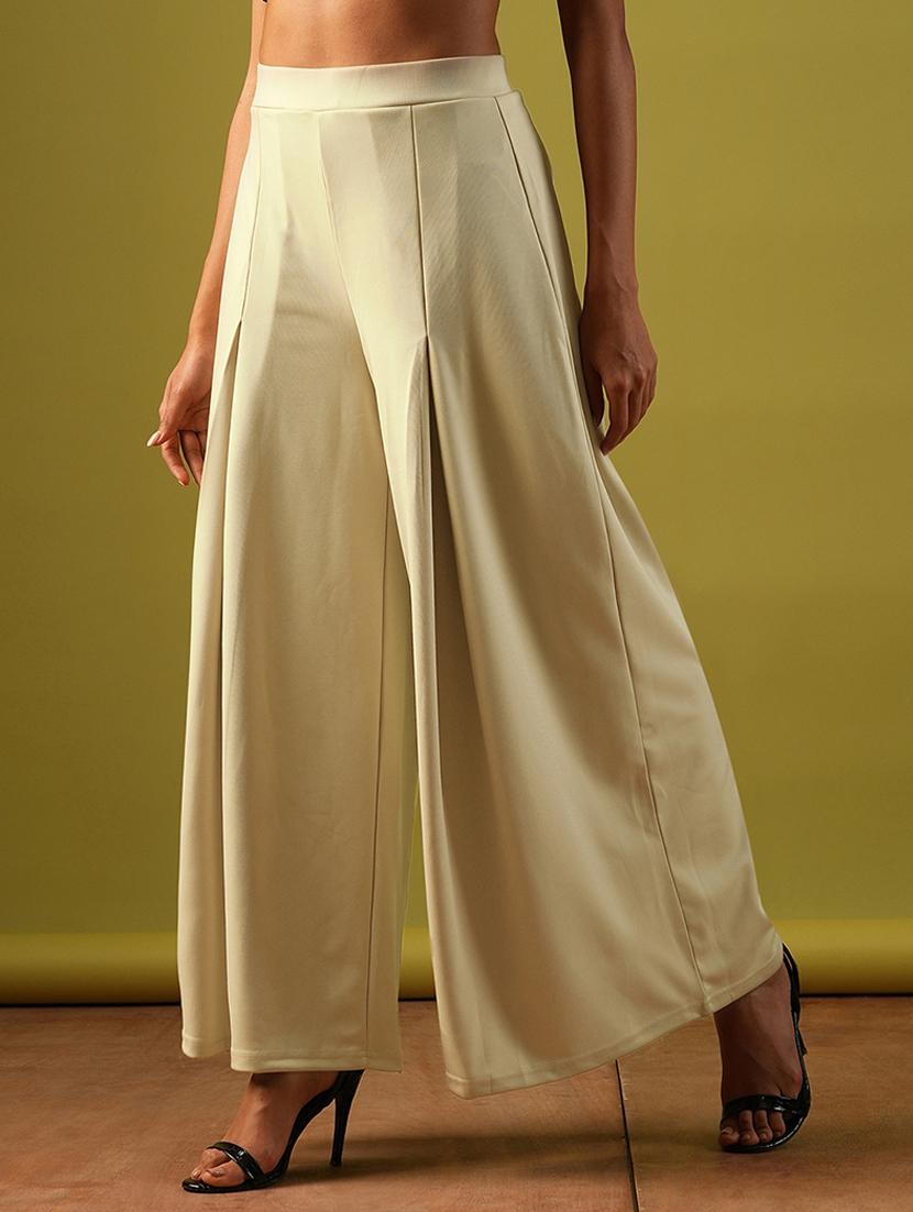 globus women beige solid stretchable high-rise pleated flared wide leg workwear treggings - 21671769 -  Standard Image - 1