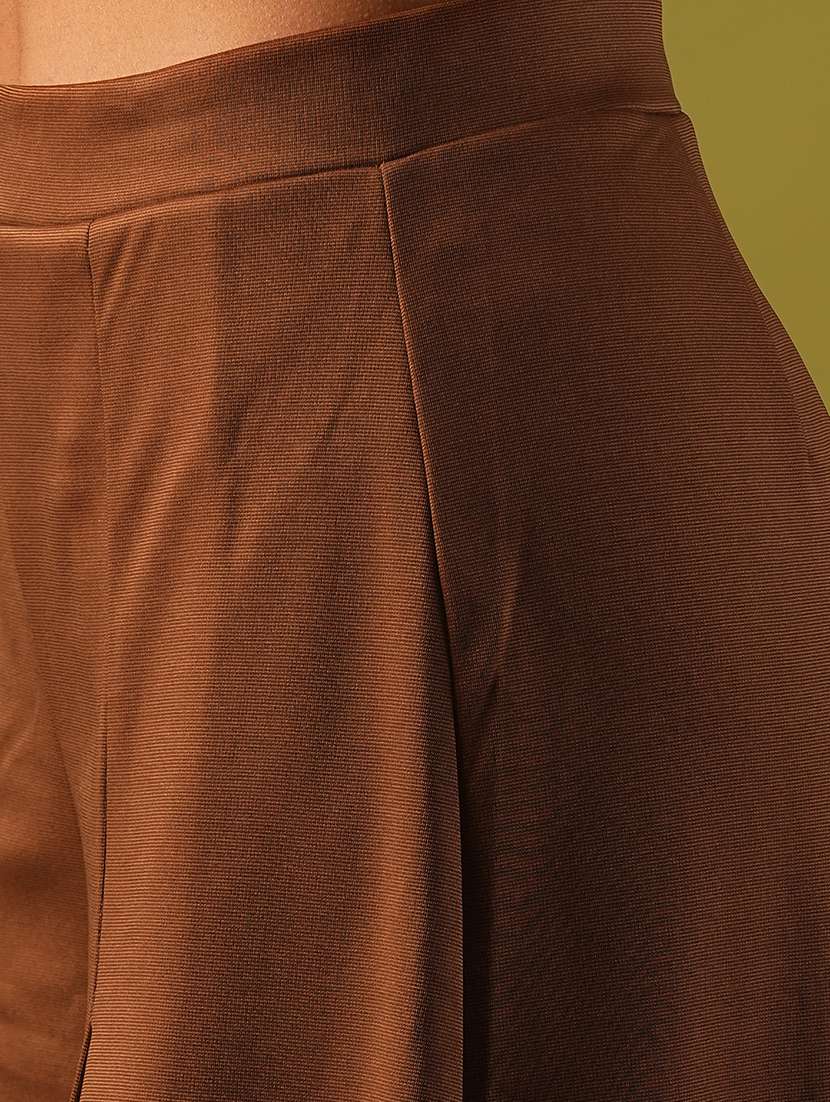 globus women rust solid stretchable high-rise pleated flared wide leg workwear treggings - 21671770 -  Standard Image - 4