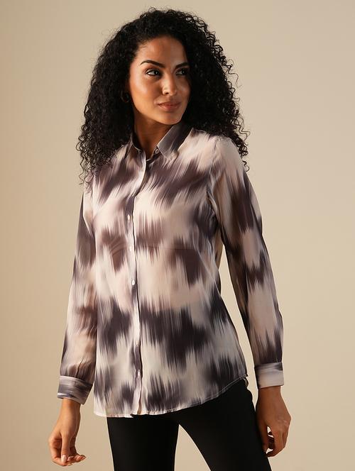 globus women black & white cuffed sleeves abstract print georgette workwear shirt - 21671773 -  Standard Image - 0