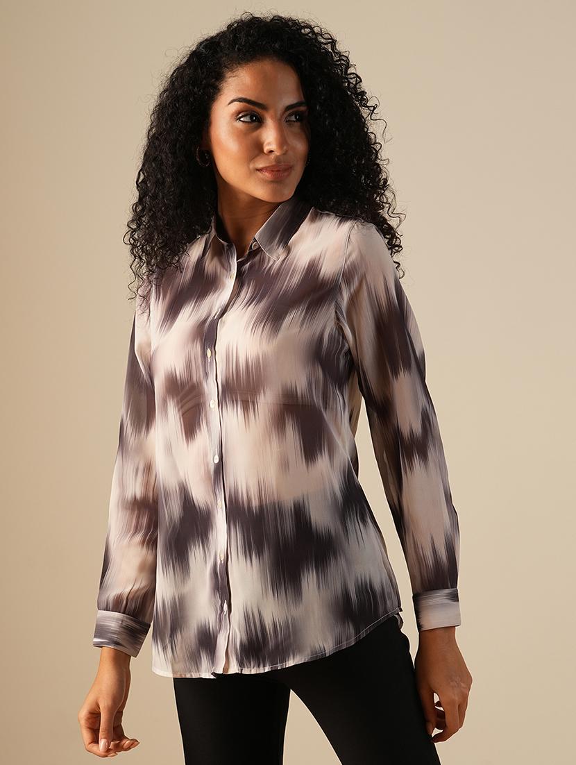 globus women black & white cuffed sleeves abstract print georgette workwear shirt - 21671773 -  Zoom Image - 0