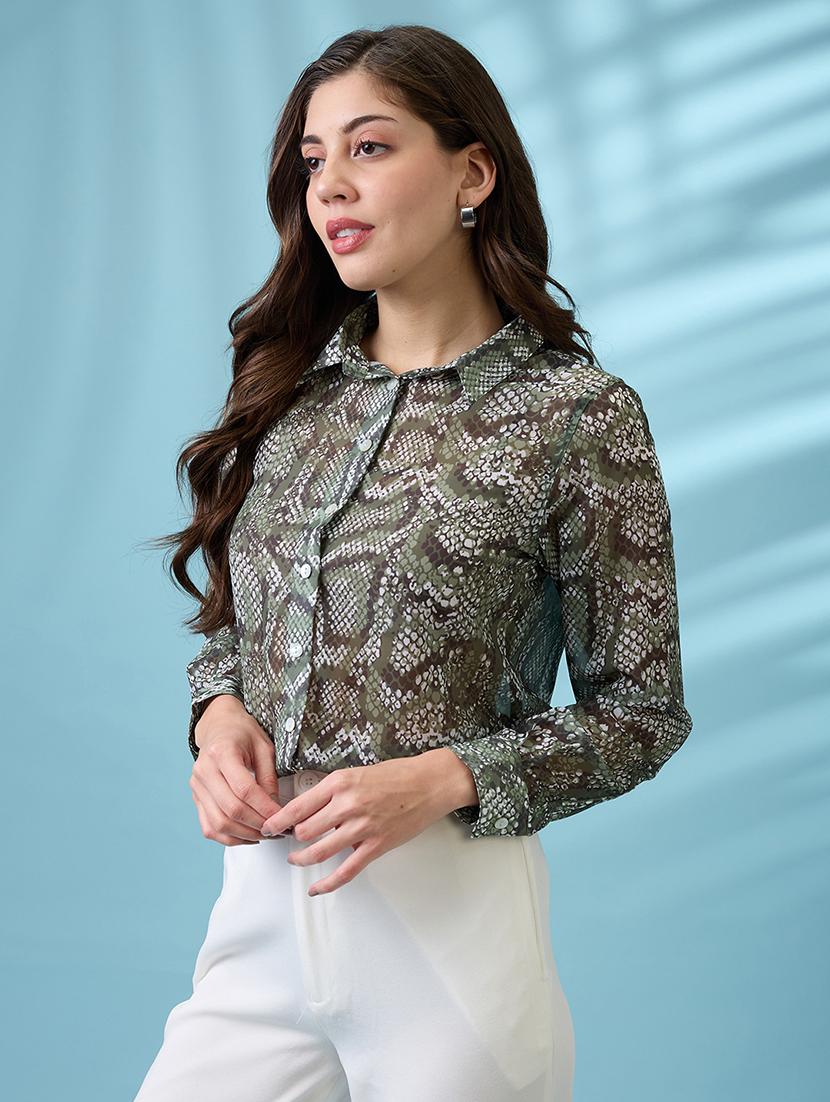 globus women green cuffed sleeves animal print georgette workwear shirt - 21671774 -  Standard Image - 1