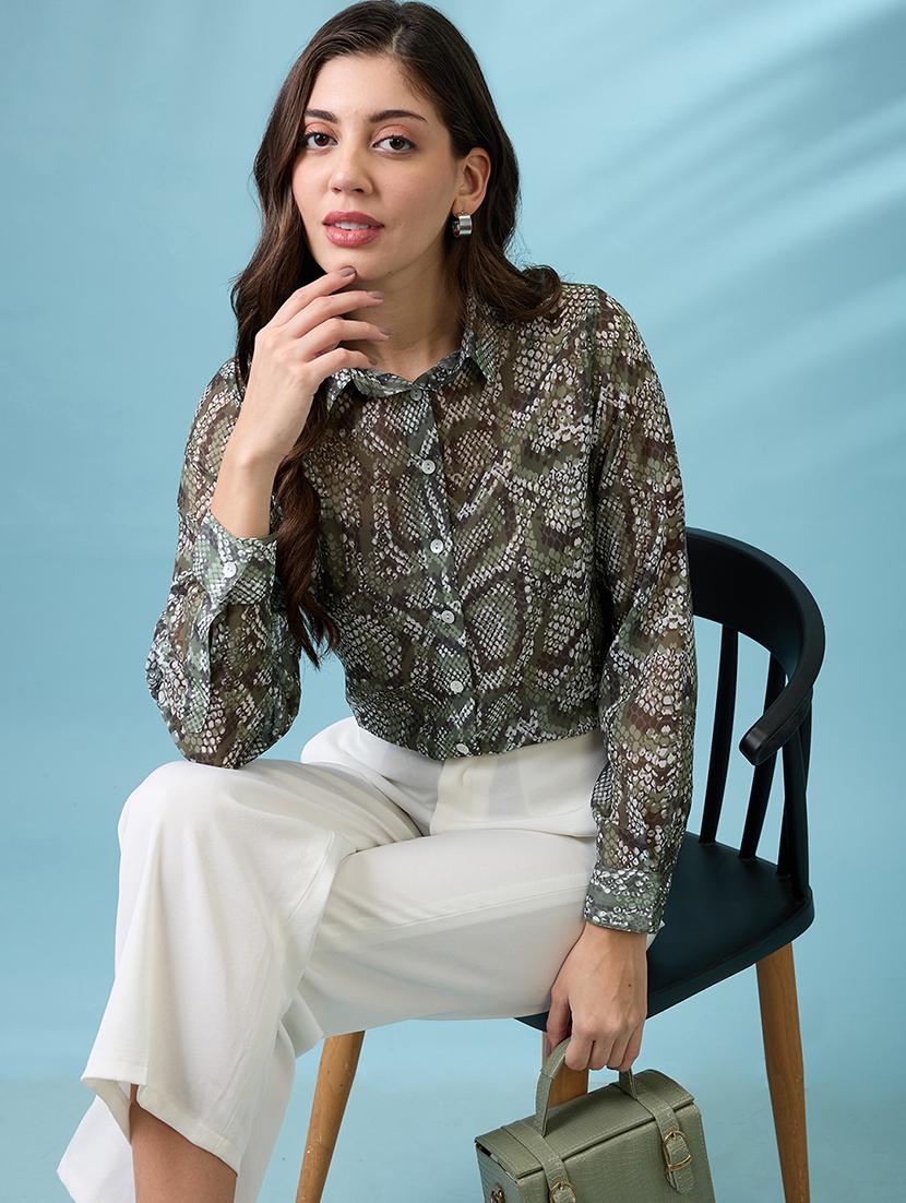 globus women green cuffed sleeves animal print georgette workwear shirt - 21671774 - Standard Image - 4