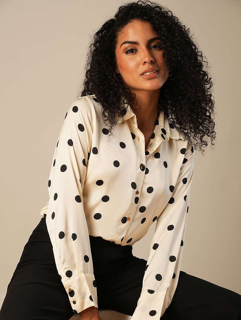 globus women white cuffed sleeves polka dots satin workwear shirt - 21671775 -  Standard Image - 1