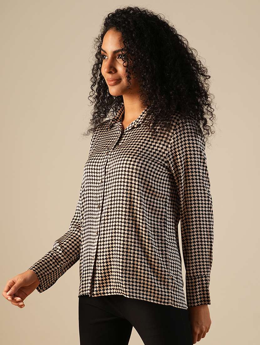 globus women black cuffed sleeves geometric print satin workwear shirt - 21671776 -  Standard Image - 1