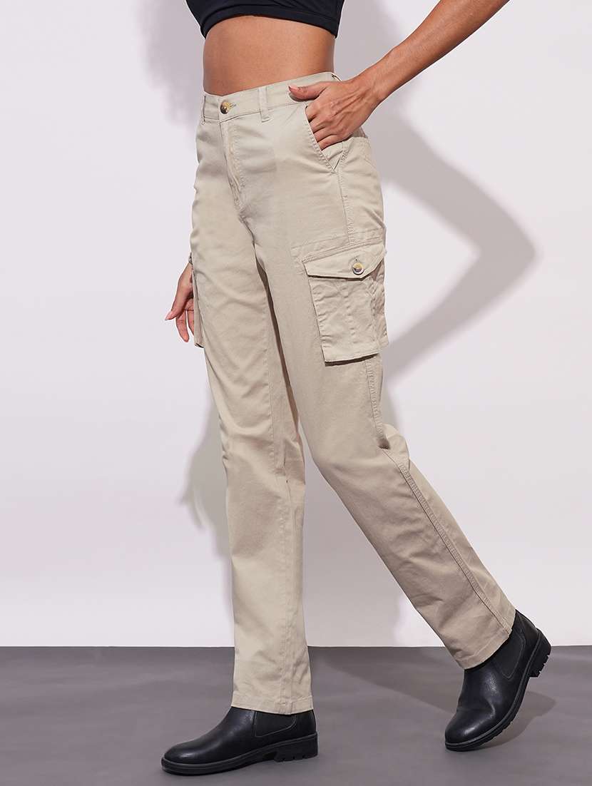 globus women beige cotton stretchable high-rise relaxed fit cargo trousers - 21671778 -  Standard Image - 1
