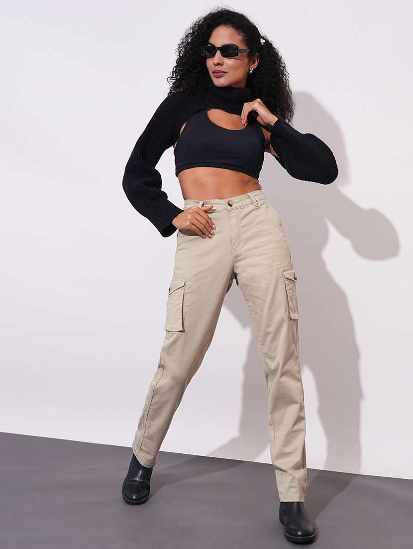 globus women beige cotton stretchable high-rise relaxed fit cargo trousers - 21671778 - Standard Image - 4