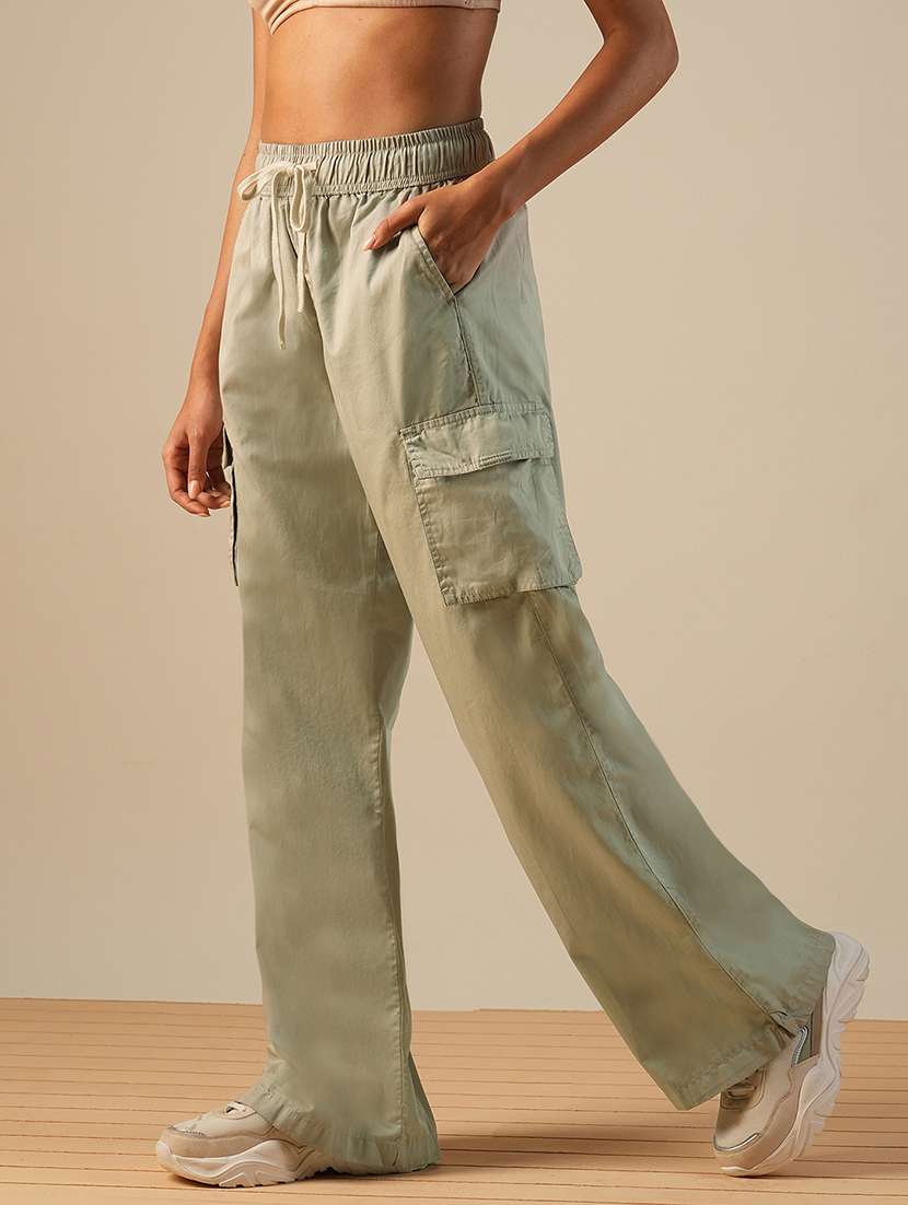globus women beige cotton mid-rise elasticated waist relaxed fit wide leg cargo trousers - 21671779 -  Standard Image - 1