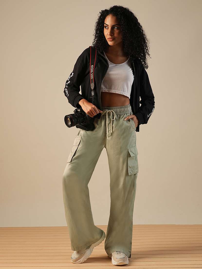globus women beige cotton mid-rise elasticated waist relaxed fit wide leg cargo trousers - 21671779 - Standard Image - 4