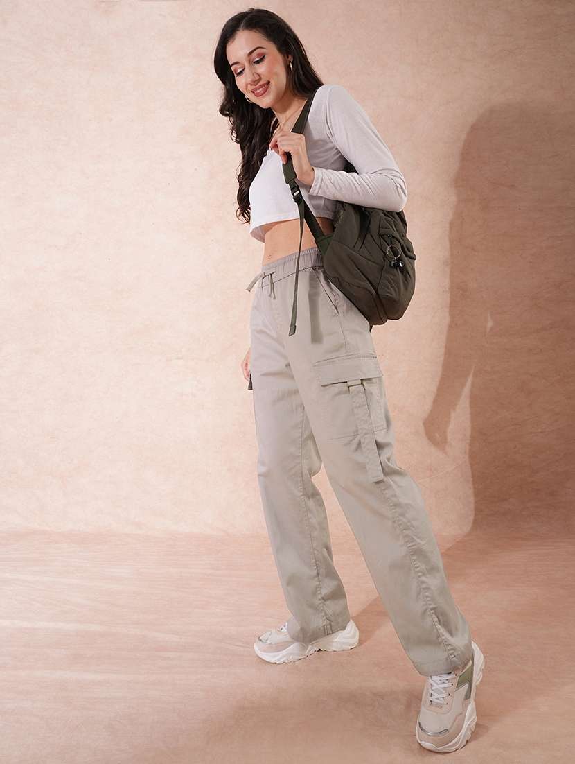 globus women cement grey cotton mid-rise elasticated waist wide leg cargo trousers - 21671781 -  Standard Image - 4