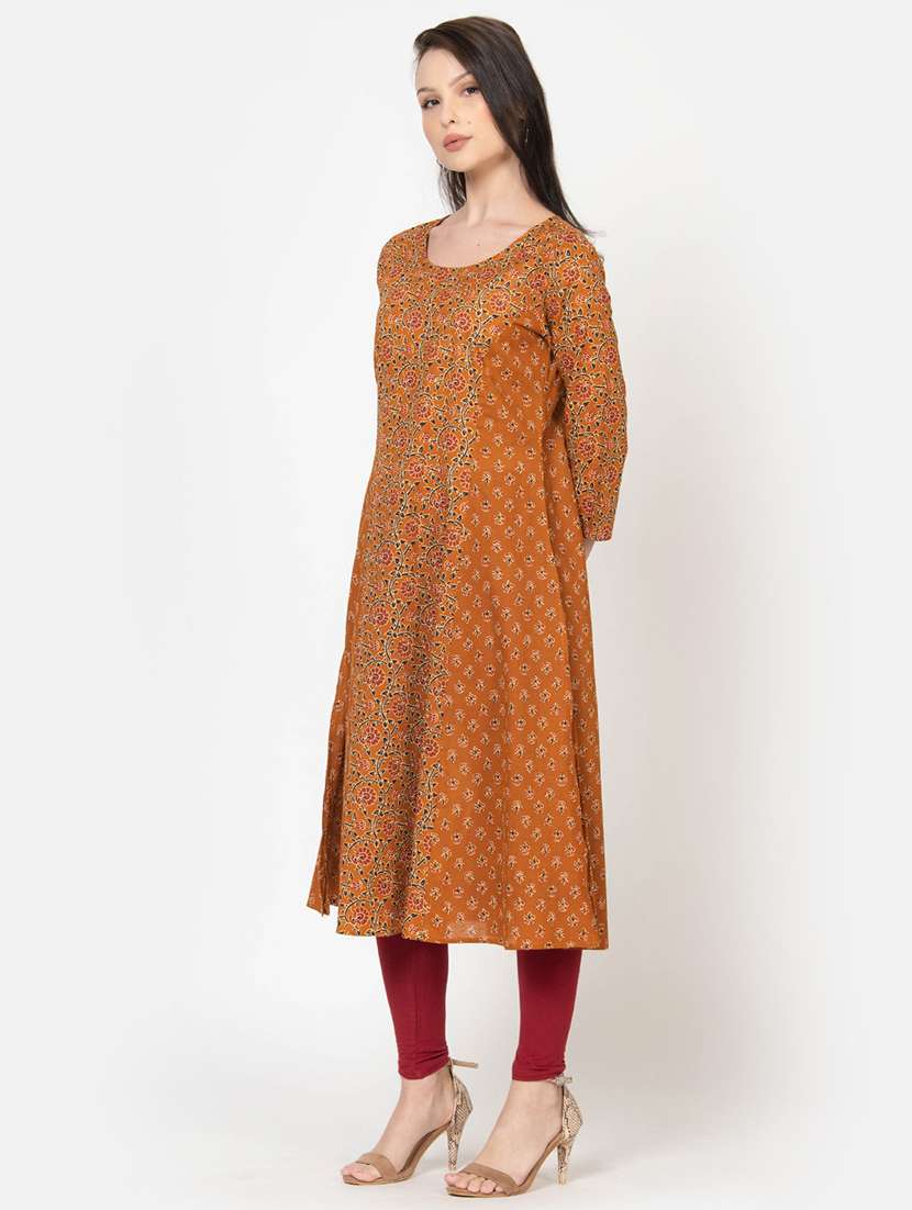 women mustard floral round neck a-line kurta - 21671899 -  Standard Image - 1