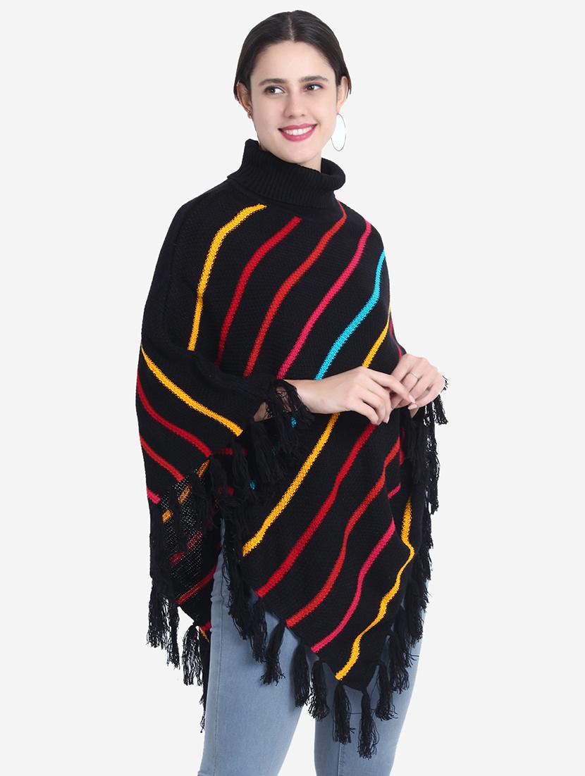 women striped high neck poncho - 21671959 - Standard Image - 1