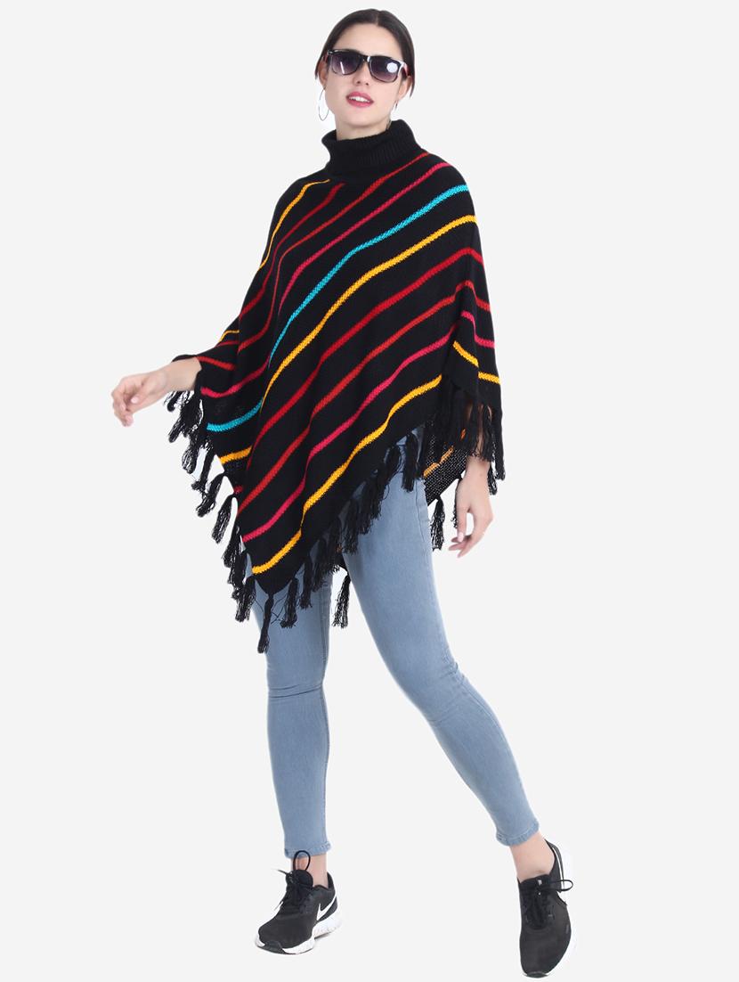 women striped high neck poncho - 21671959 - Standard Image - 4