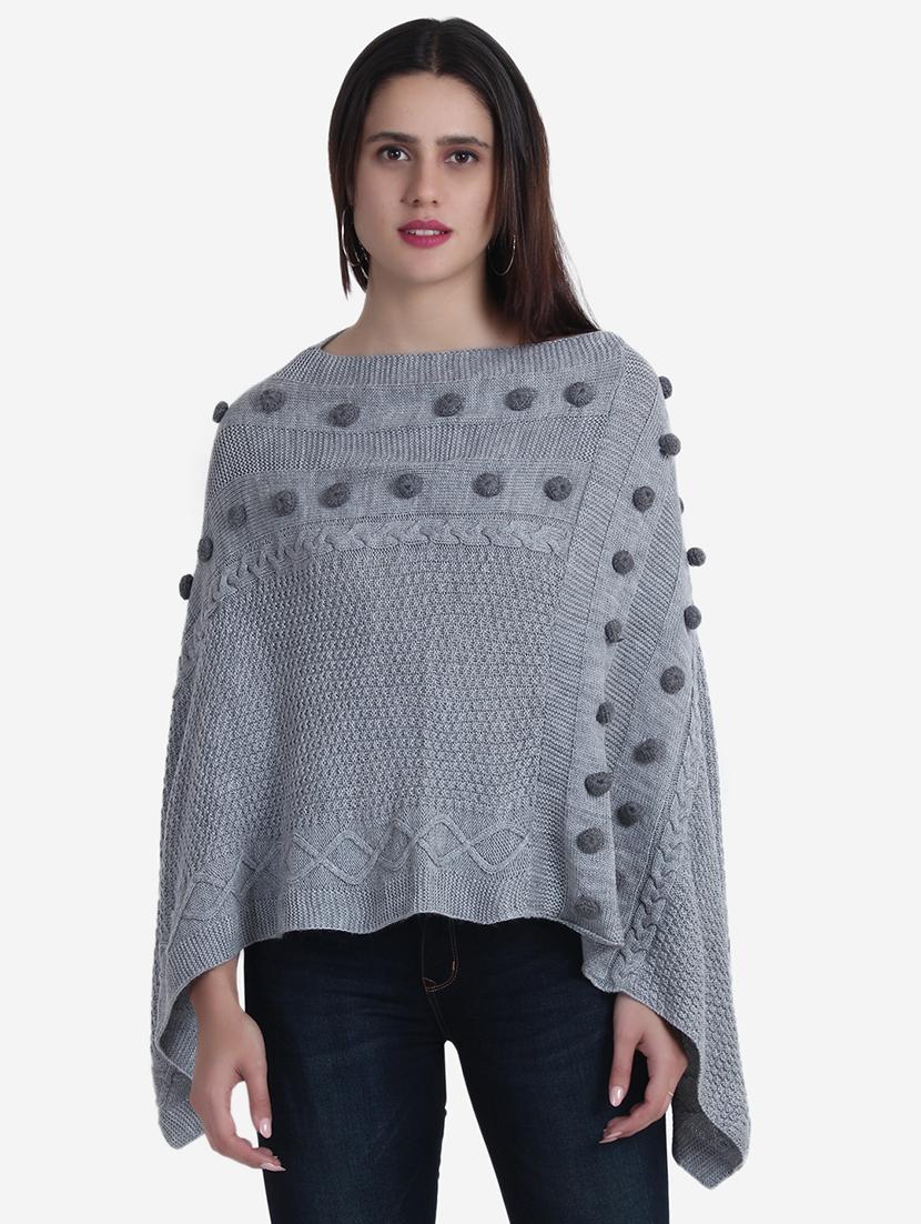 women grey self design ponchos - 21671963 - Standard Image - 1