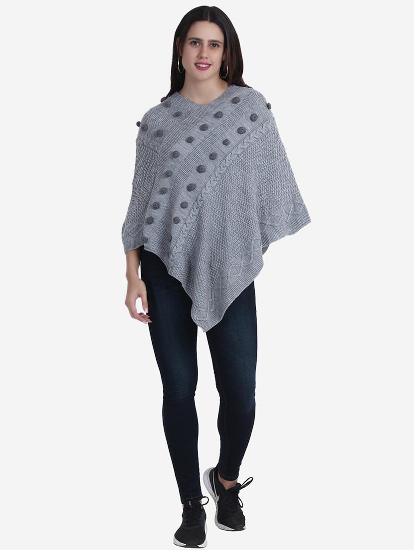 women grey self design ponchos - 21671963 - Standard Image - 6