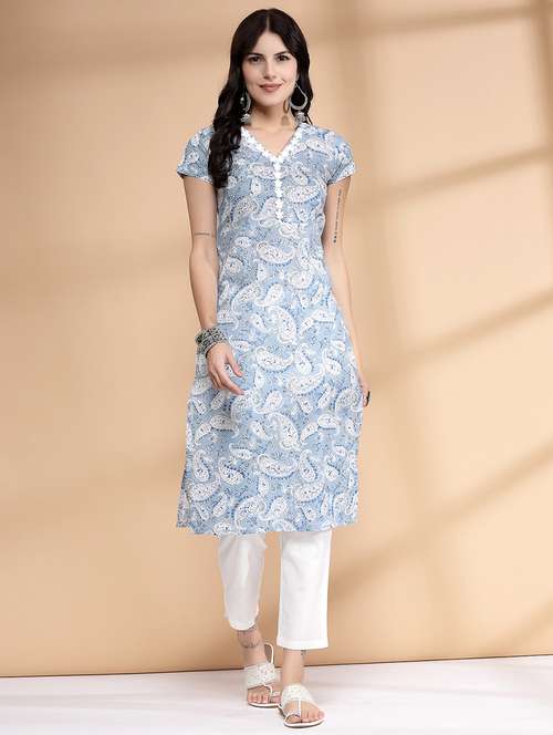 women paisley printed three quarter sleeve straight kurta - 21672224 -  Standard Image - 0