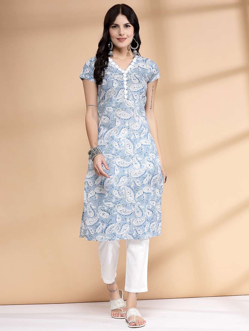 women paisley printed three quarter sleeve straight kurta