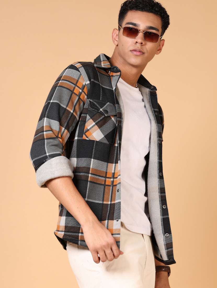 men long sleeves checkered shacket - 21672232 -  Standard Image - 1